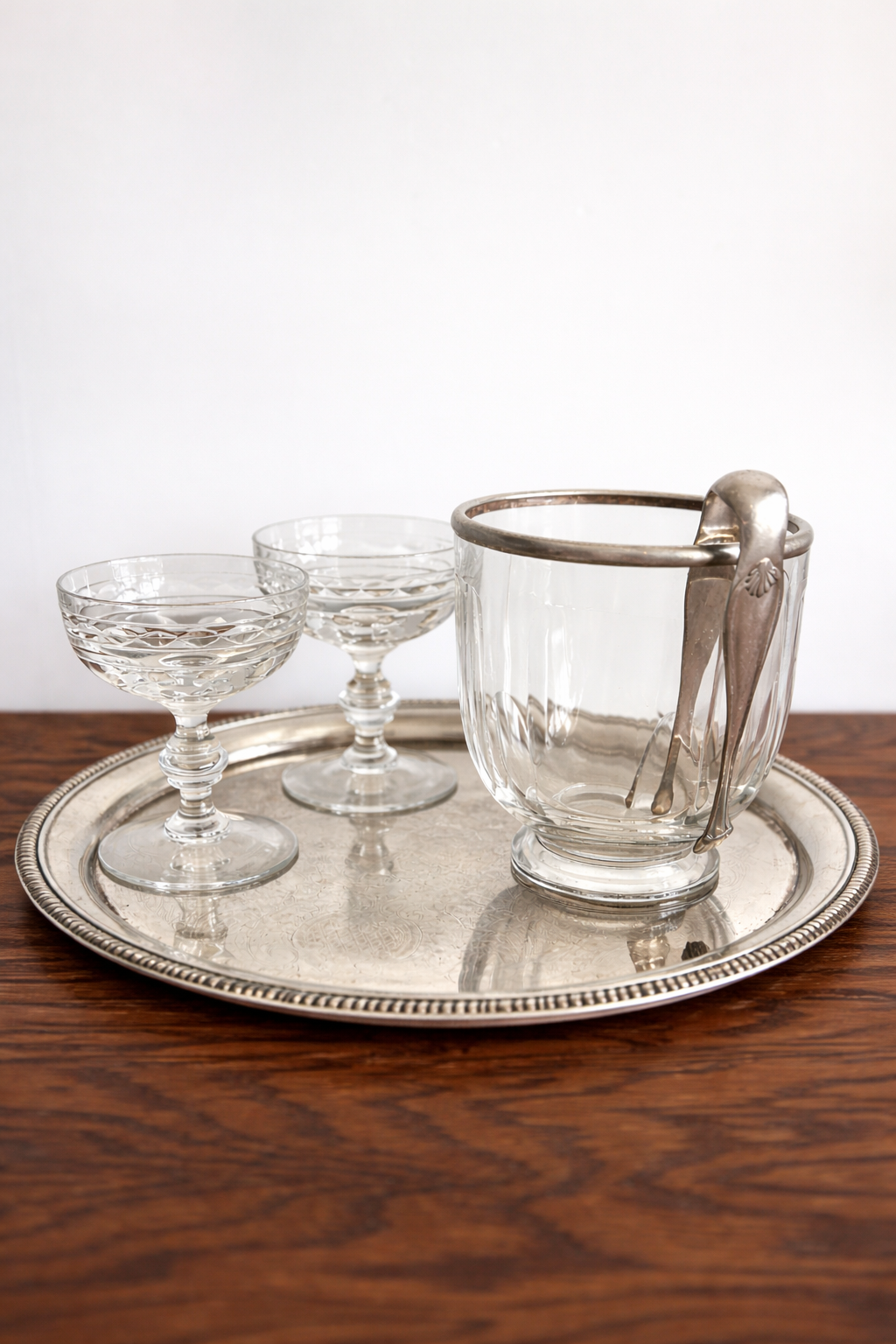 Vintage Crystal Ice Bucket with Silverplated Trim and Tongs