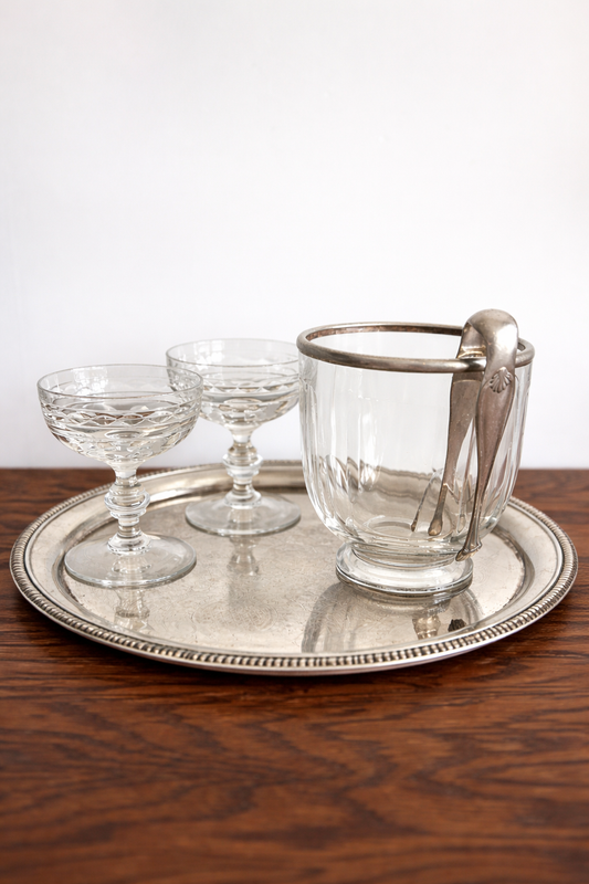 Vintage Crystal Ice Bucket with Silverplated Trim and Tongs