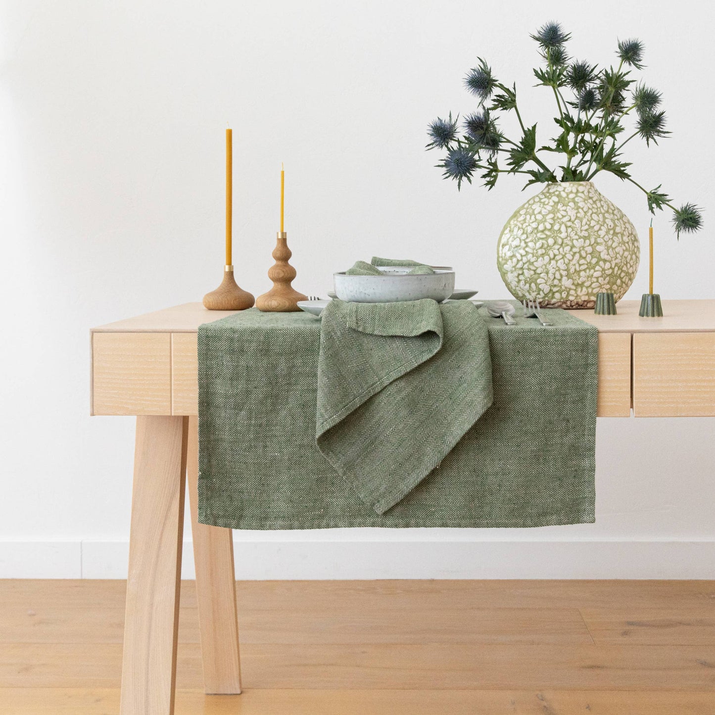 Linen Napkin Forest Green Natural Chevron, Washed linen. 